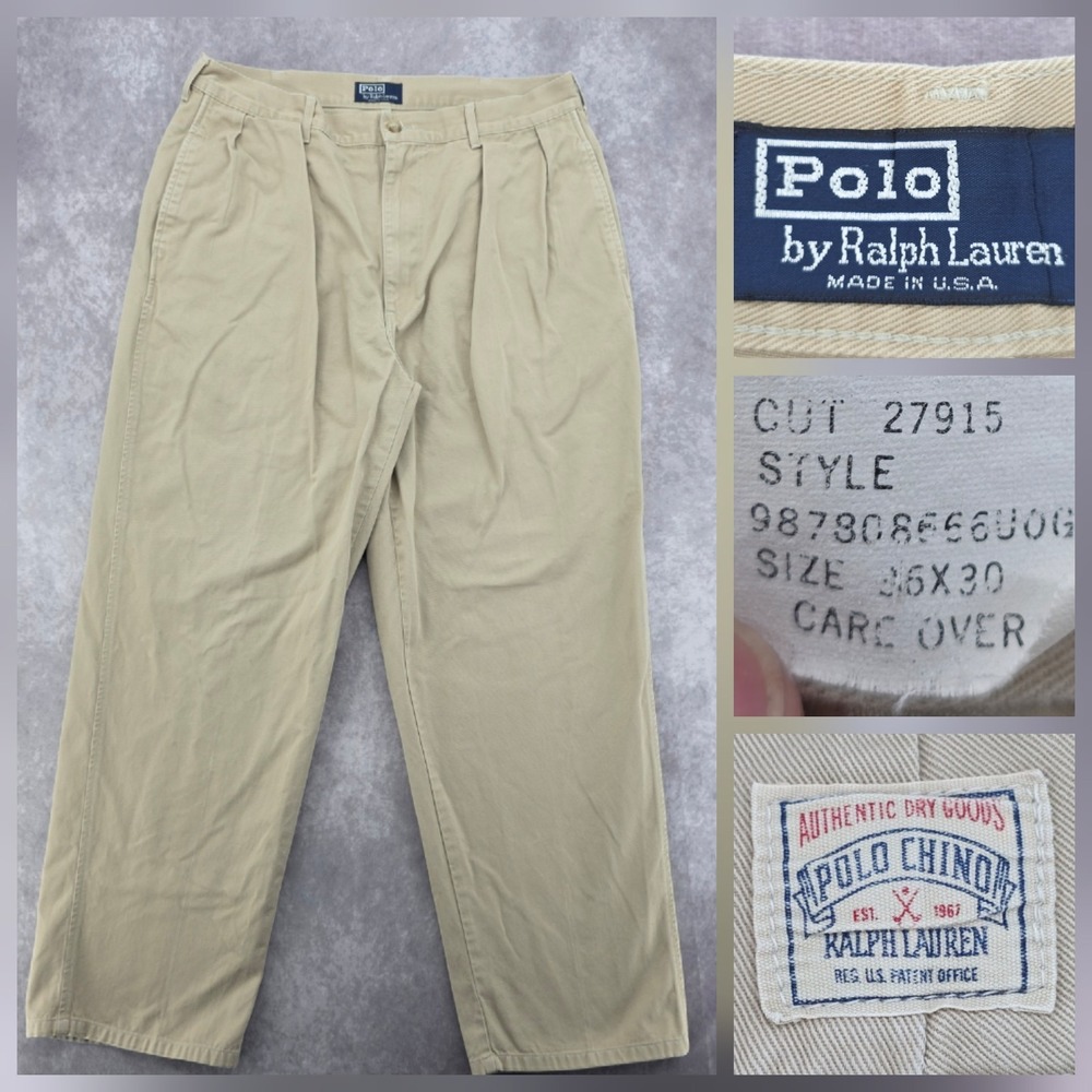 VTG 90s Polo Ralph Lauren Chino Pants Mens 36x30 Pleated Beige Fits (34x29) USA